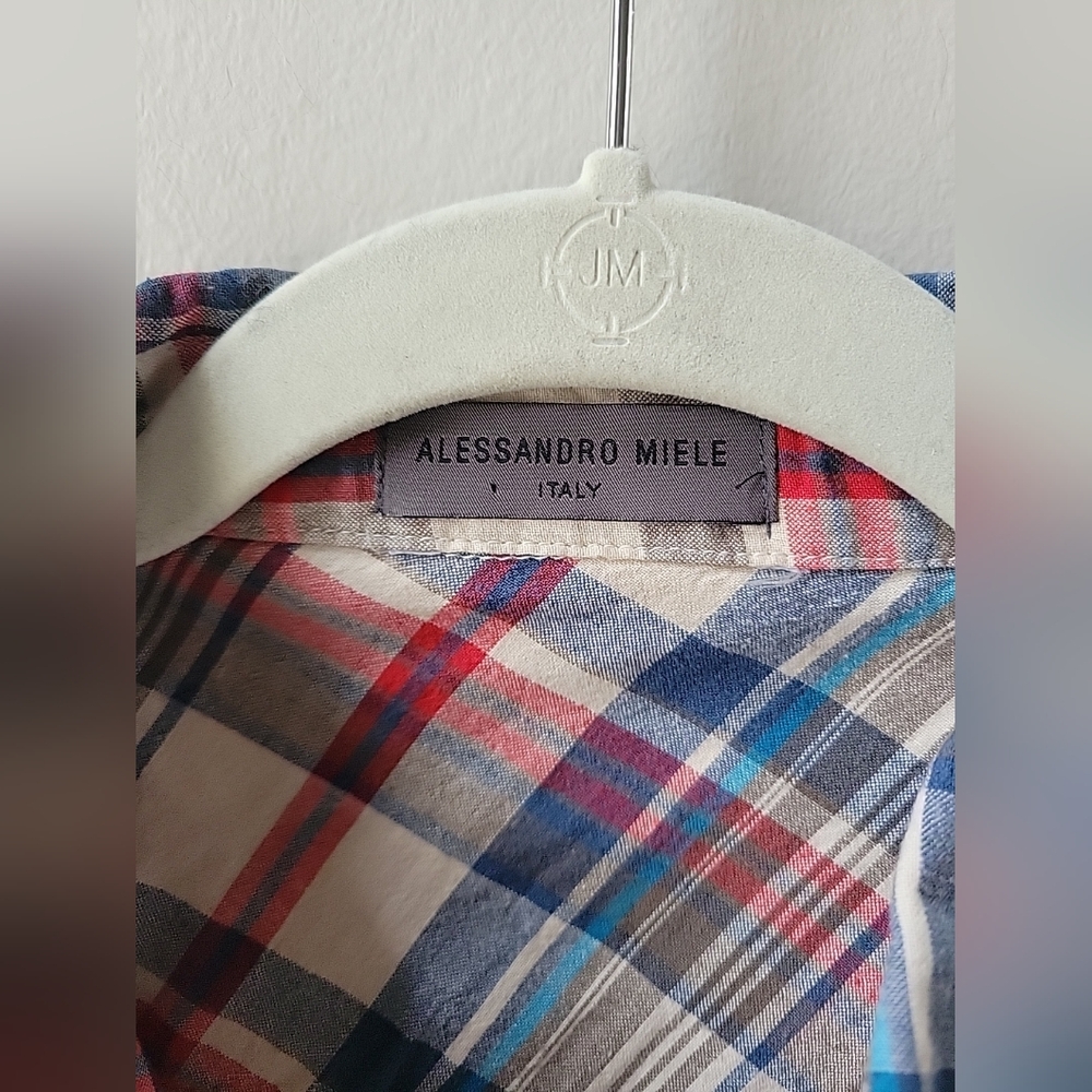 Alessandro Miele Womens Medium Plaid Shirt Dress 3/4 Sleeves Frayed Curved Hem - Picture 2 of 12